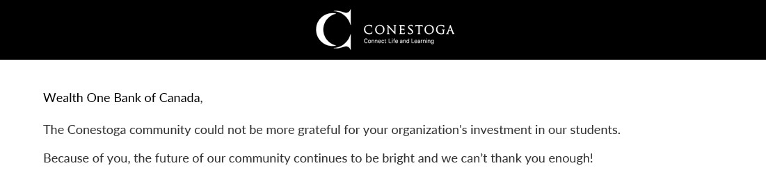 Conestoga thank you note to WealthONE Bank