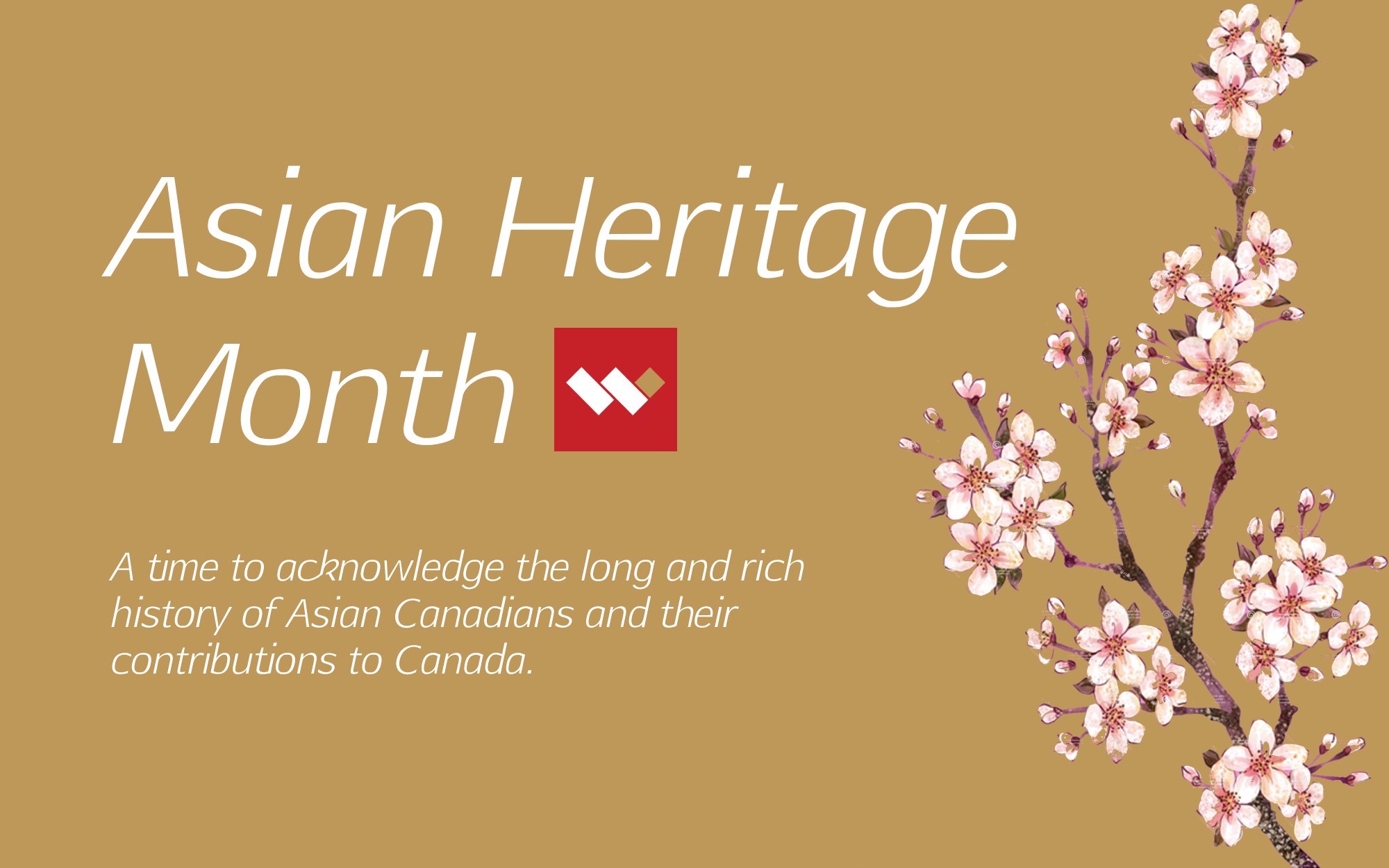 Asian Heritage Month greeting card with pink blossoms and bank logo on it