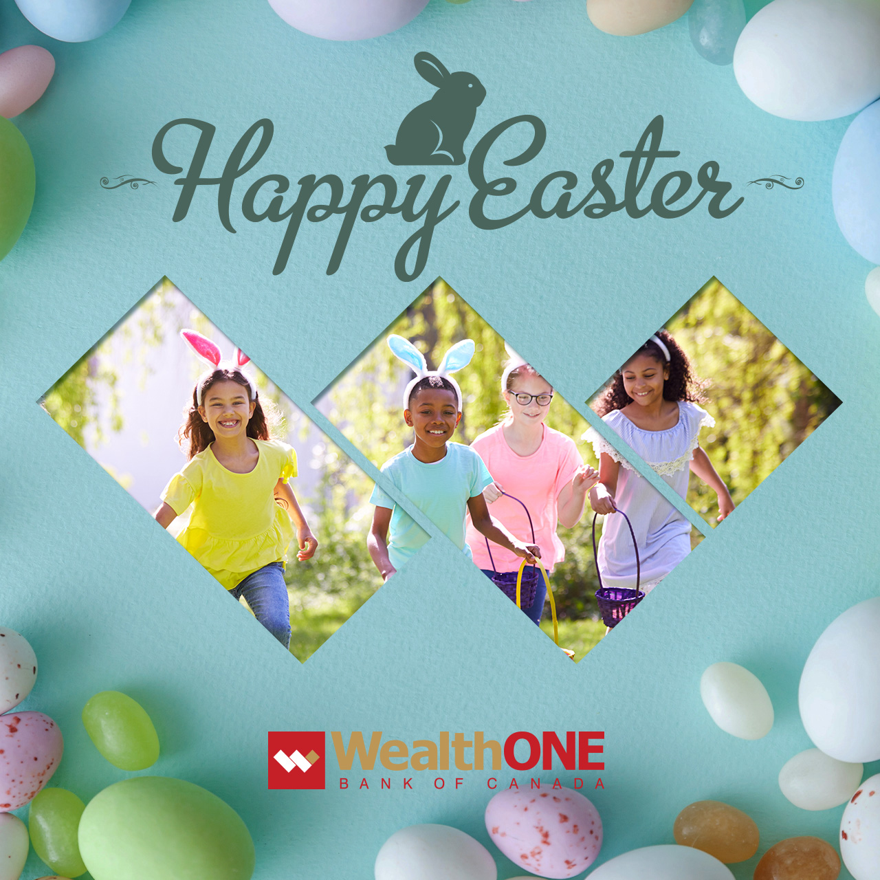 An Easter greeting card with several kids of diversified racial backgrounds running and plaing 