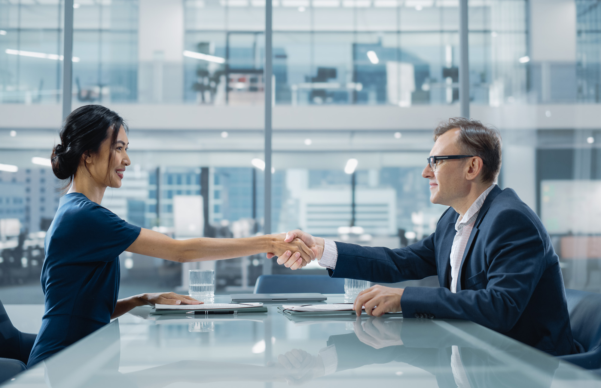 The Lady on the left and man on the right are shaking hand across the table