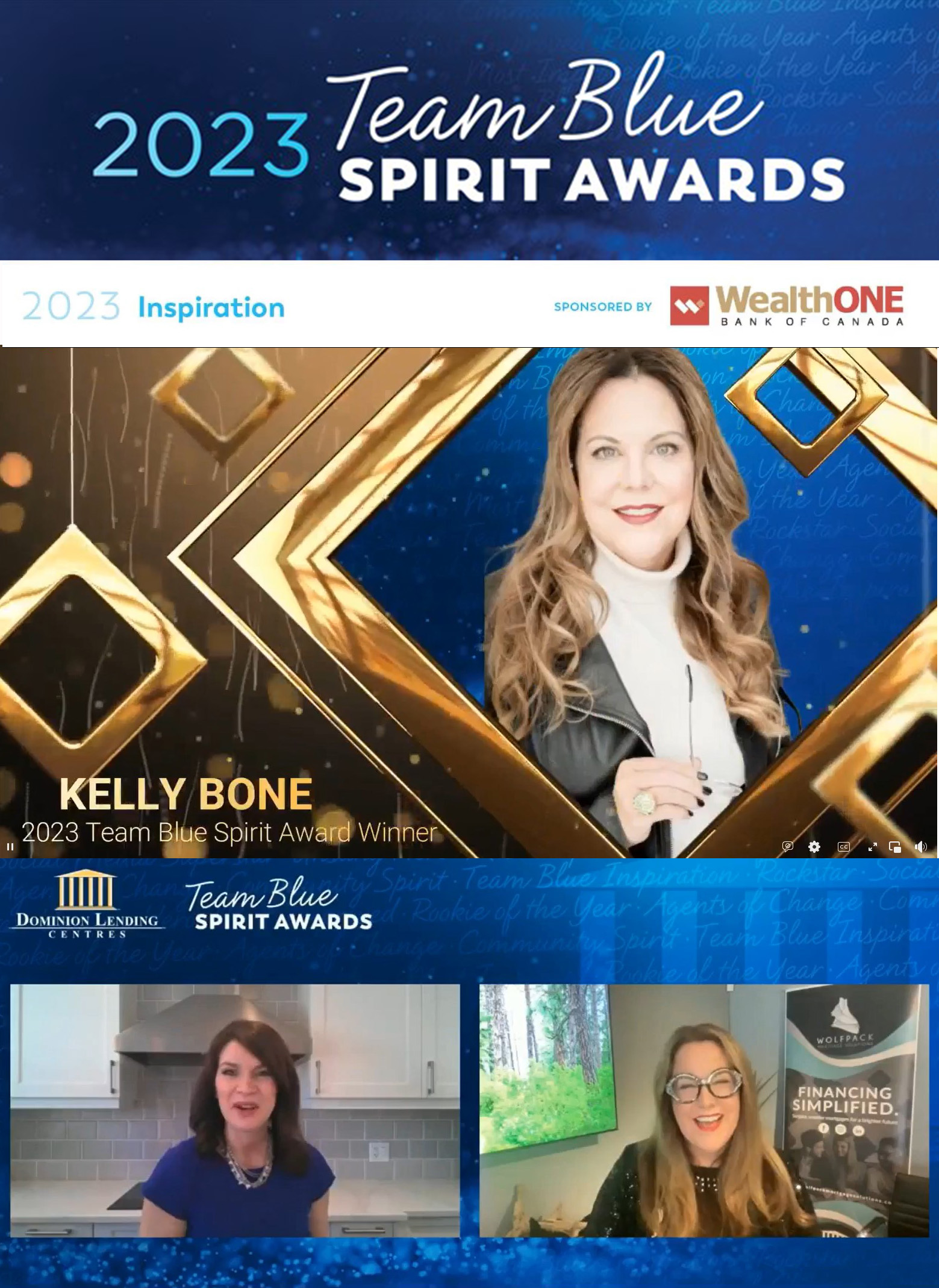 Portrait of the award winner Kelly Bone and a screenshot of her live speech