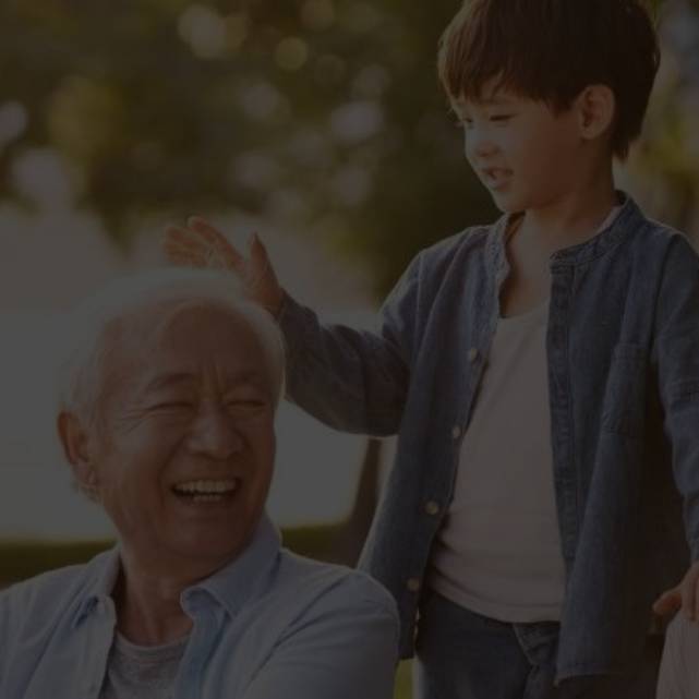 A senior couple playing with their grandson in a park by the lake